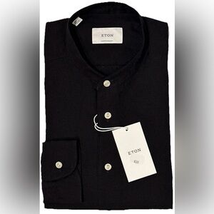 $375 NEW BLACK ETON LINEN BAND COLLAR DRESS SHIRT 16.5 42 CONTEMPORARY FIT